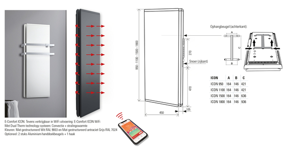 Elek. paneelrad. E-Comfort Icon Wifi 1490x450 1500W RAL7024 DRL - afb. 6