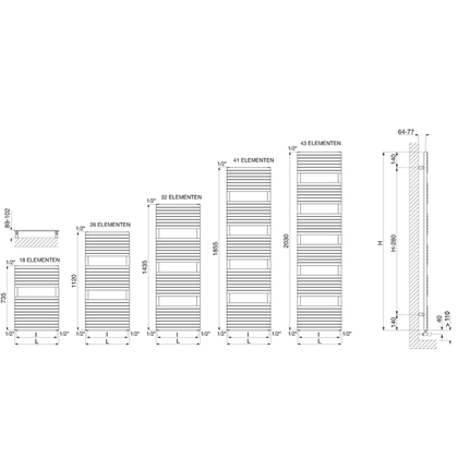 Handdoekradiator Stefania 2030x800x40 RVS gepol. 962W DRL - afb. 2